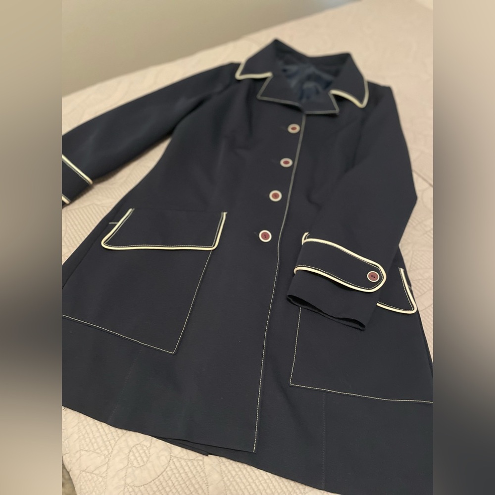 Elegant Navy Women's Coat with White Trim